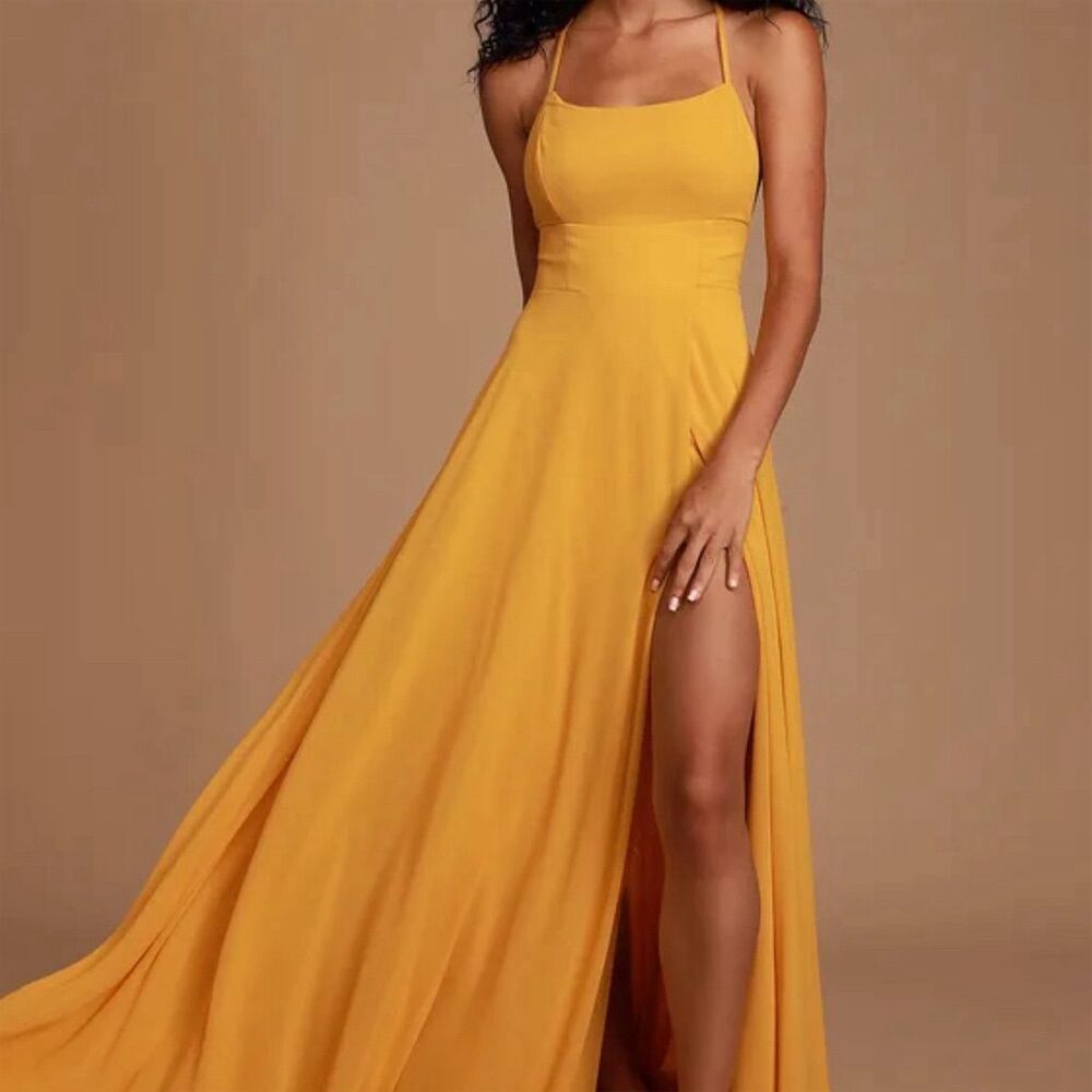 Lulus Mustard Yellow Backless Maxi Dress Size S Sleeveless Formal Wedding